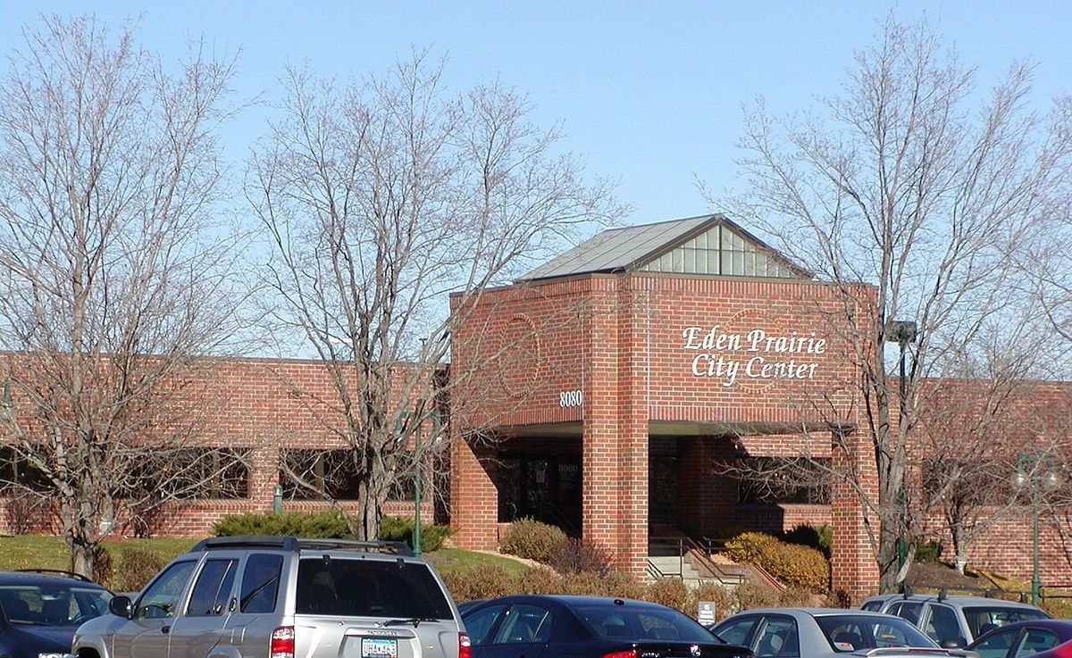 Eden Prairie City Center, a brick building with a peaked glass entry