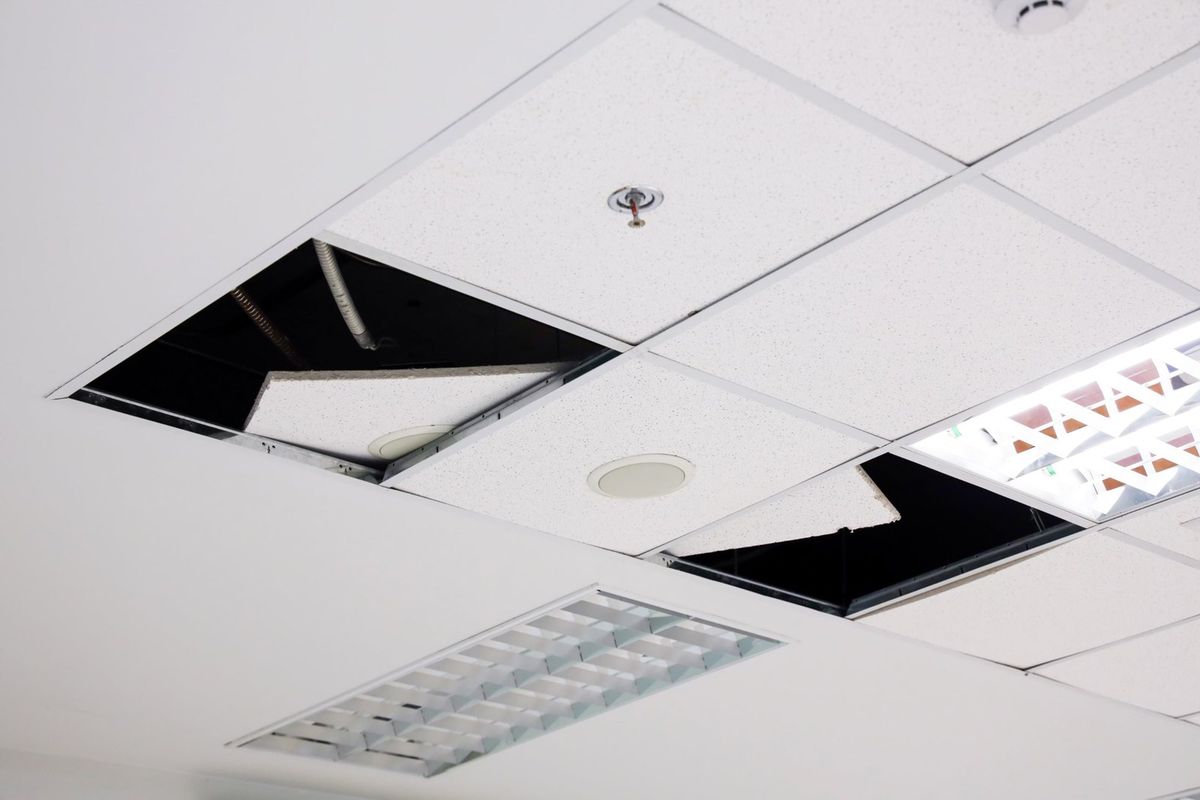 Open drop-ceiling tiles beside fluorescent troffer fixtures in a commercial space