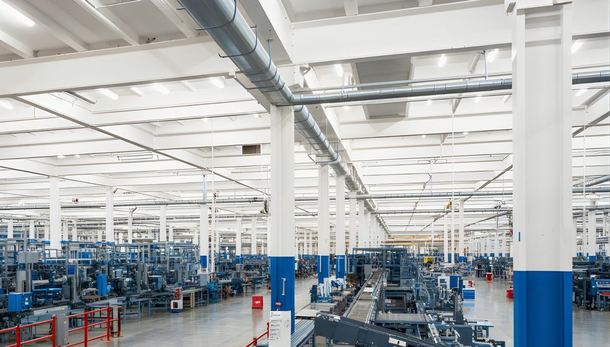 Large industrial building with rows of LED fixtures across a white ceiling