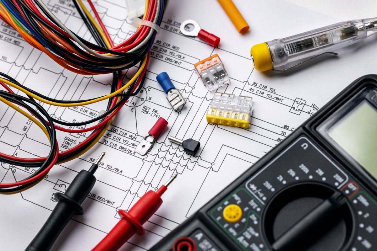 Wiring diagram with a digital multimeter, test leads, crimp terminals and lever connectors